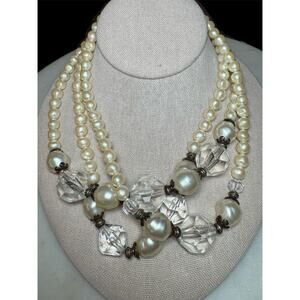 Joelian Vintage Necklace Triple Strand Pearl Crystal Bead Chunky Bib Jewelry